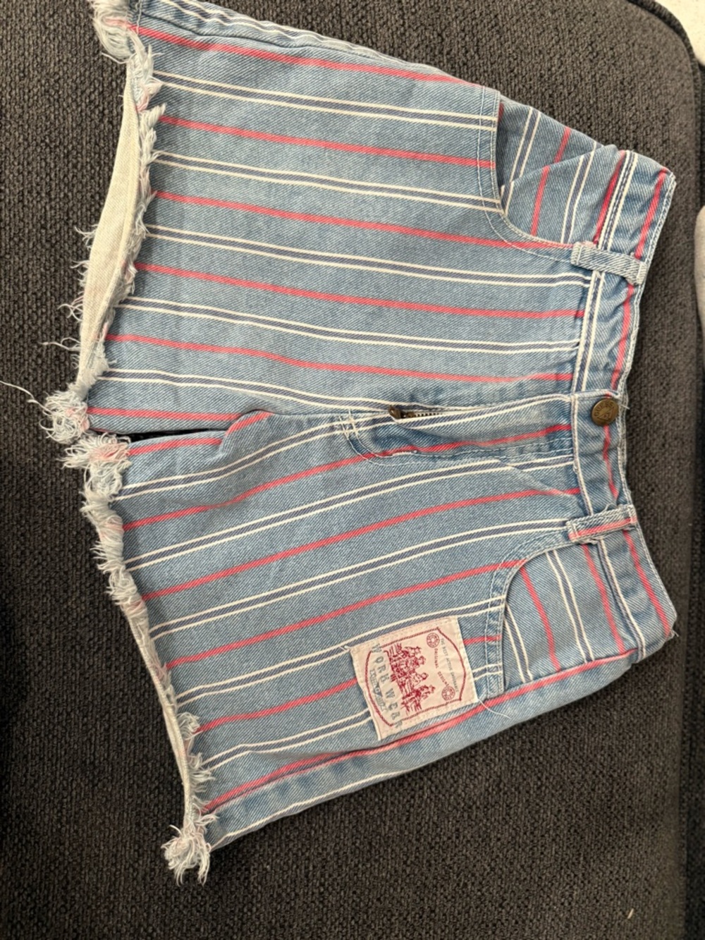 VTG BABY GUESS Striped Blue Denim Cutoff Shorts with Red & White Stripes